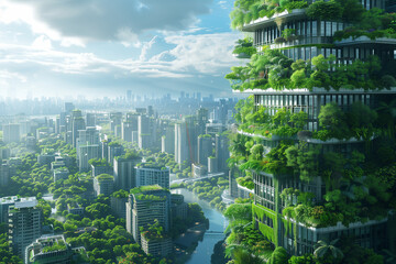 Eco-futuristic cityscape full with greenery, parks and green spaces in urban area - obrazy, fototapety, plakaty