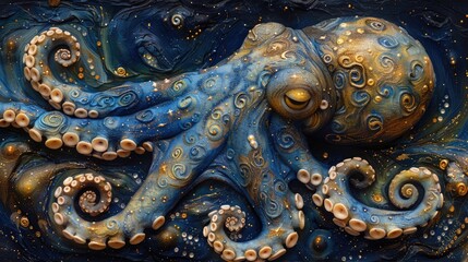 Starry Night Octopus Displays Its Stunning Colors Amidst the Underwater Shadows.