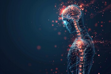 A minimalist profile depiction of the human nervous system. Glowing red orbs surround the spine and brain, suggesting relief through iris linen massage. Dark blue backdrop
