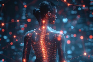 A minimalist profile depiction of the human nervous system. Glowing red orbs surround the spine and brain, suggesting relief through iris linen massage. Dark blue backdrop - obrazy, fototapety, plakaty