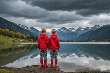 young blonde boy in red sweater and red rain boots and grey sweat pants looking out over a lake with dramatic cloudy skies and mountains reflected in the water surrounded by fields