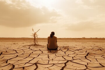 A solitary woman sits contemplating in a barren landscape, under a vast cloudy sky. Solitary Woman Contemplating in Dry Desert