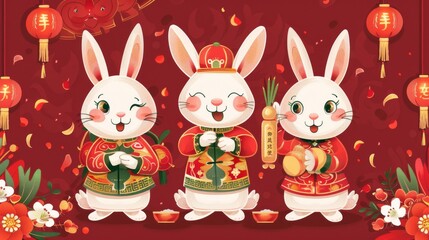 Obraz na płótnie Canvas Cartoon bunnies with carrot buckets and Chinese fortune sticks suitable for CNY promotions on the internet. Text: Happy New Year. Draw your fortune stick.