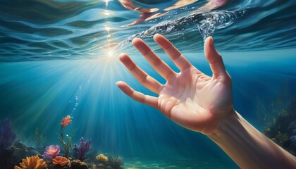 A captivating image capturing the surreal touch of sunlight filtering through ocean water to a reaching human hand.. AI Generation - obrazy, fototapety, plakaty