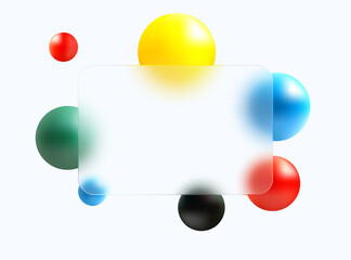 3D creative glass morphism background design. Transparent glass banner with multi-colored geometric spheres on a light background.
