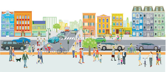 Stadtsilhouette einer Stadt mit Verkehr und Menschen,  illustration - 783003148
