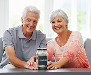 Savings, investment and portrait of old couple with money in jar for retirement, fund or future...