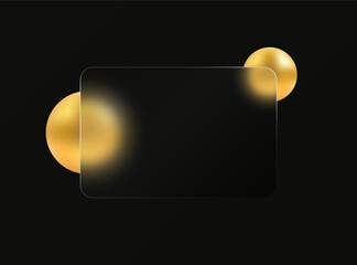 Glass morphism effect. Rectangular banner made of transparent frosted glass. Golden spheres on a black background.
