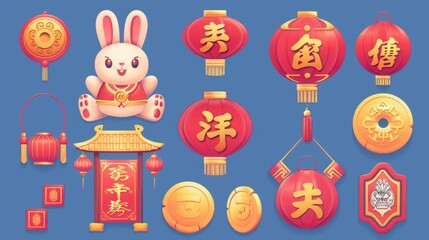 The Chinese New Year element set includes a Chinese vintage entrance, a bunny carrying fortune sticks, a coupon, a lantern, and a coin.