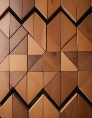 A modern geometric pattern on a wall art installation made from wood blocks in various shades.