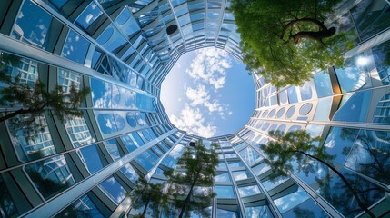 Atrium architectual circular building with trees in sky, steel reflection construction industry