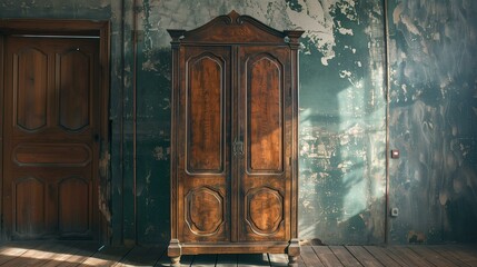 Armoire vintage old wooden in abandoned room, window decoration handle antique no people