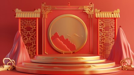 3D illustration of an Asian style display background decorated with Chinese screens and gold mountains. A traditional Chinese style wall is located in the background.