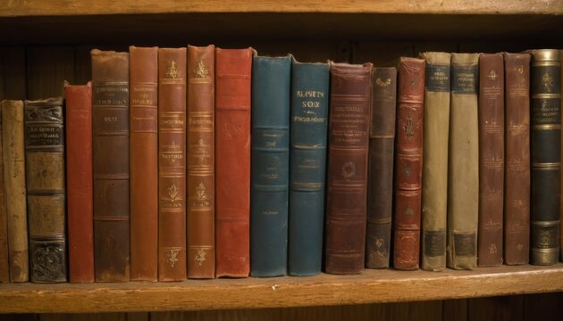 A collection of vintage books with weathered bindings stands in an orderly row on a classic wooden bookshelf.