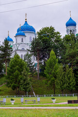 The year 2023. Russia, Tver region, the city of Torzhok. The Annunciation Church with sky-blue domes. The church on the hill. The Church of the Annunciation of the Blessed Virgin Mary. 