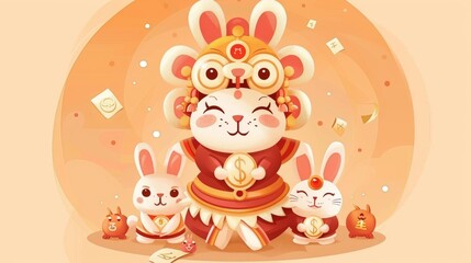 CNY illustration. Bunnies stacking up in lion dancing costumes with money behind on a light orange background. Text: Auspicious year of the rabbit.