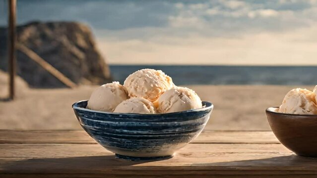 Ice cream in a bowl in a hot day at the beach 
