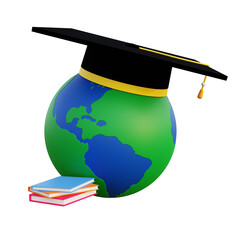 Stack of books. Graduate hat. Go back to school or enter university. Enter global education. 3D illustration