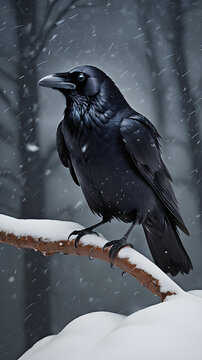 The image could be named Black crow and white raven perched on a snowy branch