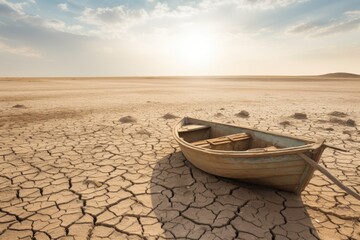 A lone wooden boat sits on a sun-baked, cracked landscape, symbolizing isolation and environmental extremes. Solitary Boat on Cracked Earth under Sun