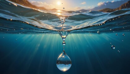 A pristine water droplet forms a perfect sphere as it descends through the calm, sunlit layers of a tranquil ocean.. AI Generation - obrazy, fototapety, plakaty