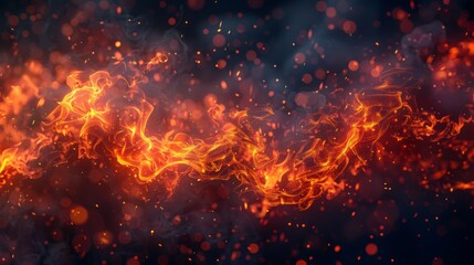 The image shows a 3D illustration of orange tone fire flames and sparks on a dark background.