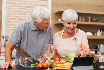 Senior, couple and online, cooking and tablet for learning, videos and guide for diet and internet....