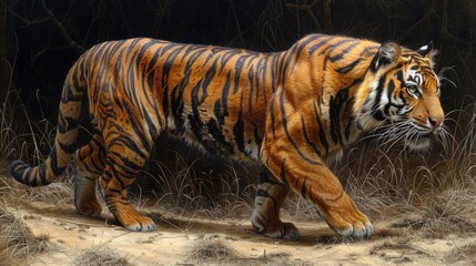 Fototapeta premium Sumatran Tiger in Natural Habitat. Unveiling the Enigmatic Behavior of Panthera tigris sumatrae Through Dynamic Side Angles.