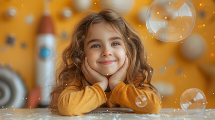 Naklejka premium Close-up portrait of her she nice-looking attractive lovely sweet curious cheerful cheery smart clever girl creating new idea solutions fantasize copy space