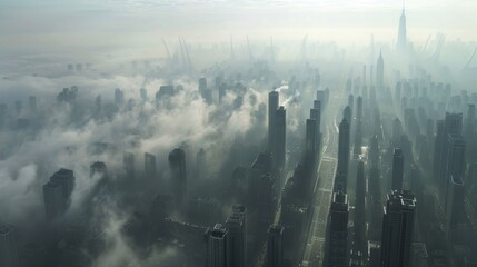 A panoramic view of a metropolis, its air thick with smog, reflecting urban environmental woes