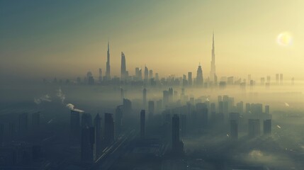 A skyline choked by air pollution, with just the outline of skyscrapers visible through the haze - obrazy, fototapety, plakaty