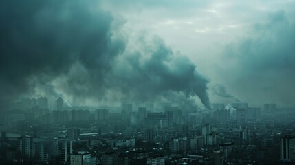 Dark clouds of smog looming over a crowded urban landscape, hinting at an ominous air quality - obrazy, fototapety, plakaty