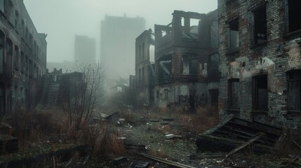 Dilapidated buildings in an abandoned city with a thick fog of pollution cloaking its past