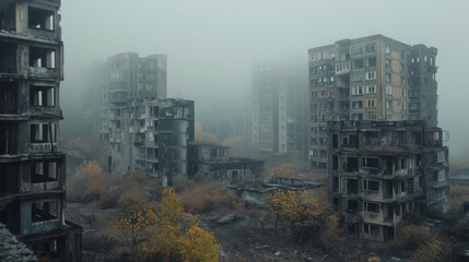 Obraz premium Dilapidated buildings in an abandoned city with a thick fog of pollution cloaking its past
