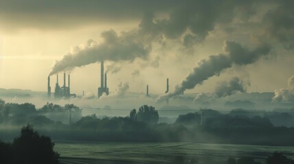 Smoke from distant factories merges with fog, creating a haunting landscape in a rural area - obrazy, fototapety, plakaty
