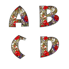 Stained glass floral ornamental alphabet - letters A-D