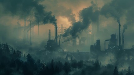 Toxic smog drifting through an industrial park, blurring lines between machines and nature - obrazy, fototapety, plakaty