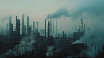 Toxic smog drifting through an industrial park, blurring lines between machines and nature