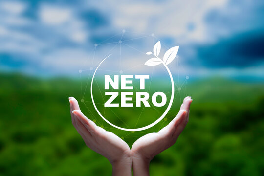 Net zero, carbon neutrality concept. Net zero icon at on hand green blur background. Green Energy Renewable Sustainable ( ESG ). Net zero emission Idea innovative. carbon neutrality in 2050.