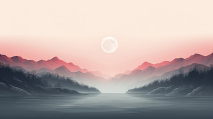 beautiful mountain range with a large moon in the sky - obrazy, fototapety, plakaty