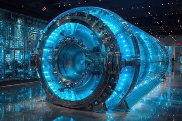 The blue lighting adds an aura of high-tech security to the vast bank vault displayed in a museum exhibition - obrazy, fototapety, plakaty