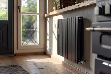 Black radiator battery heating on the wall. Home heater convector isolated. Heating convector