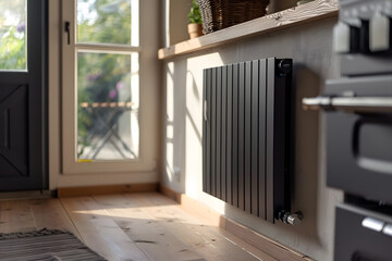 Fototapeta premium Black radiator battery heating on the wall. Home heater convector isolated. Heating convector
