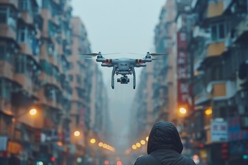 Drone being piloted in a foggy city environment with urban street view - Powered by Adobe