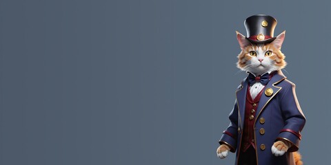 cat in a magician's clothes and hat, copy space