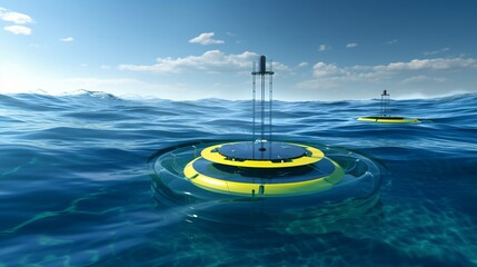 Two yellow and black buoys are floating in the ocean