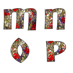 Stained glass floral ornamental alphabet - letters M-P