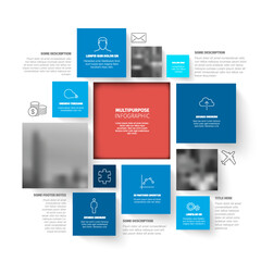 Vector Minimalist Infographic template made from blue squares and photos