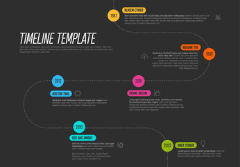 Vector Dark Infographic Company Milestones curved Timeline Template with circle marks