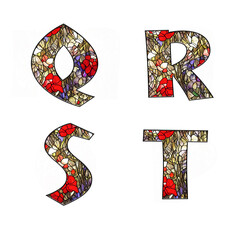 Stained glass floral ornamental alphabet - letters Q-T